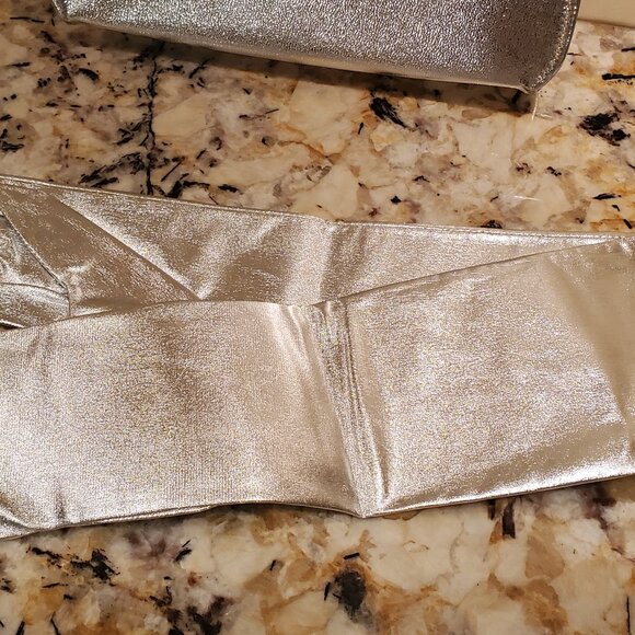 Womens Evening Bag Clutch Purse Silver Metallic + NWT Extra Long Silver Gloves - Picture 12 of 12